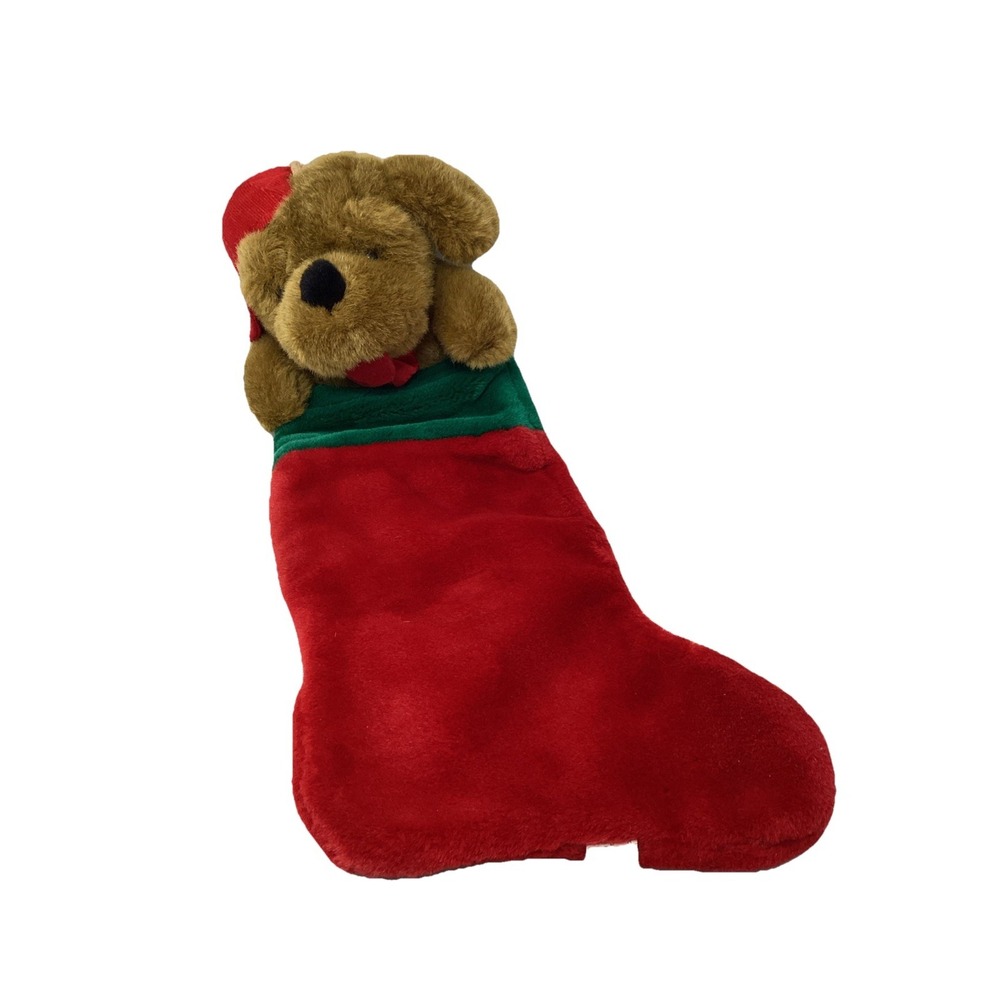 VTG Brown Dog Head Plush Red Green Velour Christmas Stocking 14" Chosun